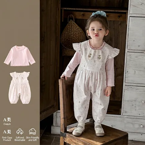 Toddler Baby Girl Two Piece Clothing Set Cotton Floral Bear Print Long Sleeve Top And Romper Sweet Style Baby Outfits