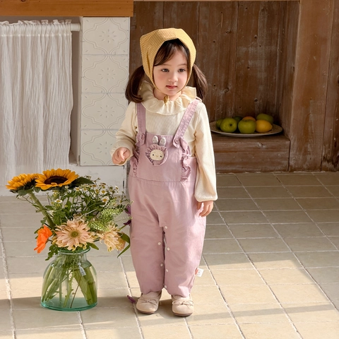 Completo Primaverile per Bambine Stile Coreano Top a Maniche Lunghe e Salopette con Coniglio dei Cartoni Animati Pantaloni con Bretelle