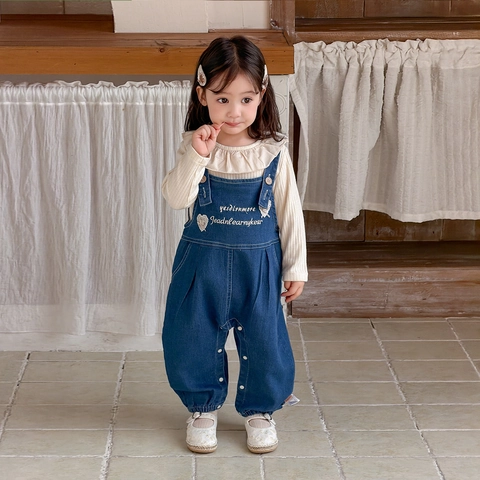 Vêtements Bébé Fille Haut Nervuré à Volants Et Salopette en Jean Broderie Coeur Infantile Tout-petit Tenue Mode Printemps