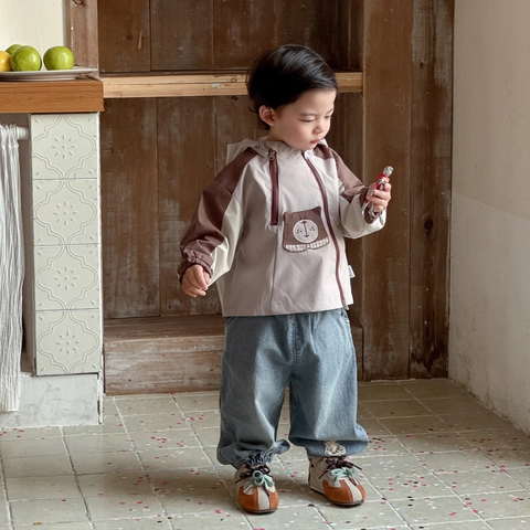 Giacca a Vento con Cappuccio per Bambino Stile Coreano Blocchi di Colore Pattern Orso Poliestere Primavera Outwear Casual