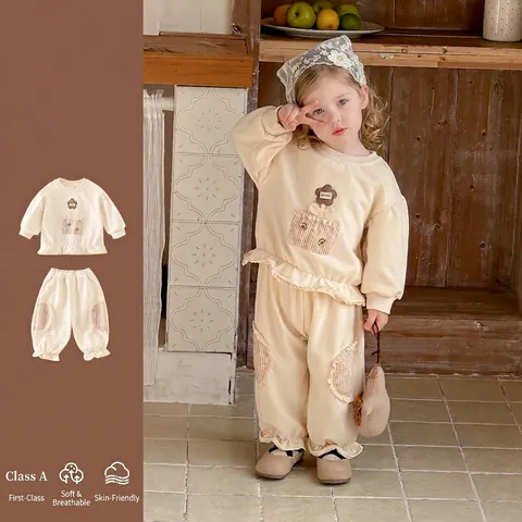 Vêtements pour Bébés Filles Printemps Sweat-Shirt à Manches Longues Et Pantalon Style Coréen Bordure à Volants Fleur Patchwork