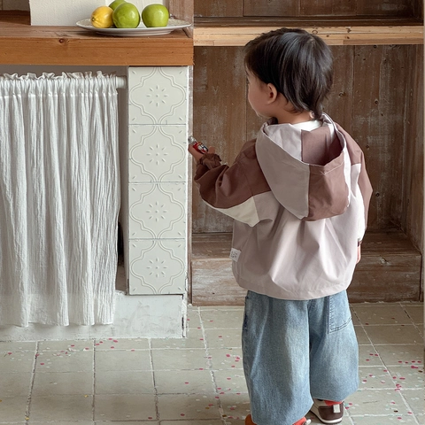 Giacca a Vento con Cappuccio per Bambino Stile Coreano Blocchi di Colore Pattern Orso Poliestere Primavera Outwear Casual