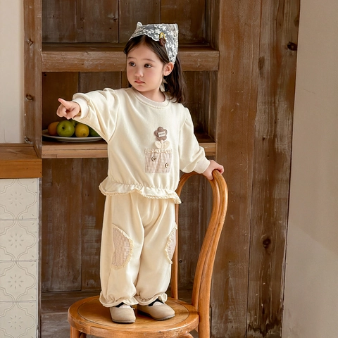 Vêtements pour Bébés Filles Printemps Sweat-Shirt à Manches Longues Et Pantalon Style Coréen Bordure à Volants Fleur Patchwork