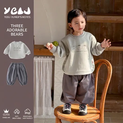 Atuendo de Primavera de Dos Piezas de Poliéster Casual para Niños Pequeños Sudadera de Manga Larga con Estampado de Oso y Pantalones Largos Traje para Niños