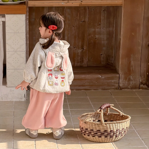 Ensemble Deux Pièces de Printemps pour Petites Filles Veste à Capuche Oreilles de Lapin et Pantalon à Volants