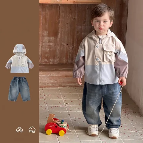 Boys Fashion Color Block Hooded Jacket And Washed Jeans Two Piece Set Toddler Korean Style Spring Autumn Casual Outfits