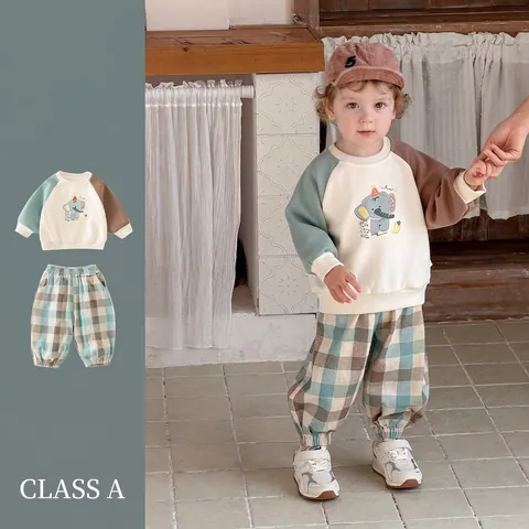Ensemble de Vêtements Casual pour Bébé Garçon Sweat-shirt Imprimé Éléphant et Pantalon Écossais Tenue Printemps Automne