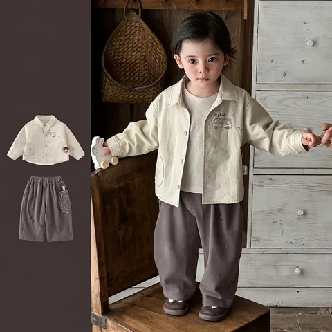 Conjunto Casual de Primavera para Niños Chaqueta y Pantalones de Algodón Estampado de Autobús Estilo Coreano
