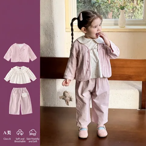 Ensemble 3 Pièces de Printemps pour Bébé Fille Chemise Florale Douce Gilet en Maille et Pantalon Rose Coton de Classe A
