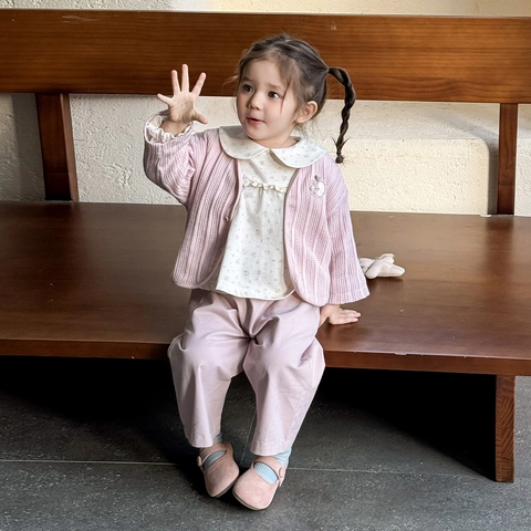 Ensemble 3 Pièces de Printemps pour Bébé Fille Chemise Florale Douce Gilet en Maille et Pantalon Rose Coton de Classe A