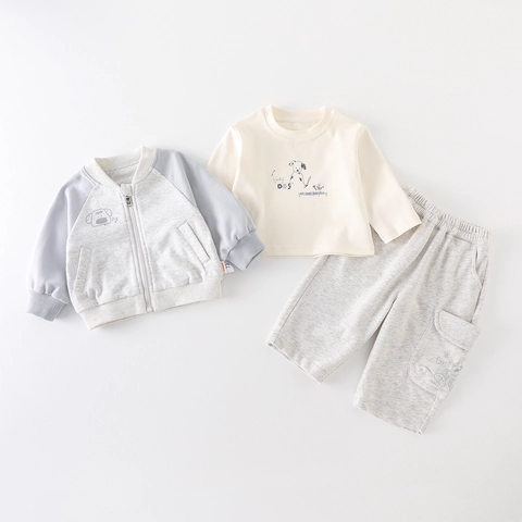 Set di Abbigliamento da 3 Pezzi per Neonati Maschi Stile Coreano Stampa Cartone Animato Giacca T-Shirt e Pantaloni Primavera