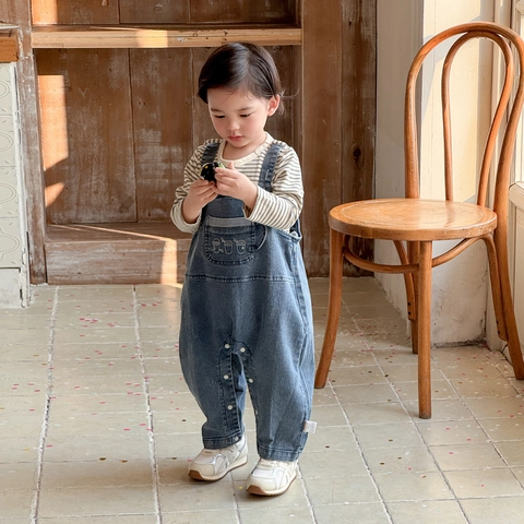 Abbigliamento per Neonati a Righe Manica Lunga e Salopette di Jeans Stile Coreano Casual Set Primaverile per Bambini