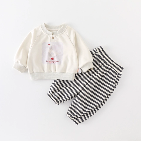 Ensemble de Vêtements Décontractés en Mélange de Coton pour Bébé Garçon Sweat-shirt à Manches Longues et Pantalon Rayé 2 Pièces