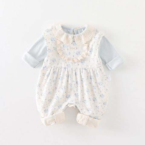Ensemble de Vêtements Floraux pour Bébé Fille Haut en Coton à Manches Longues et Barboteuse Style Coréen Doux Col Peter Pan Deux Pièces