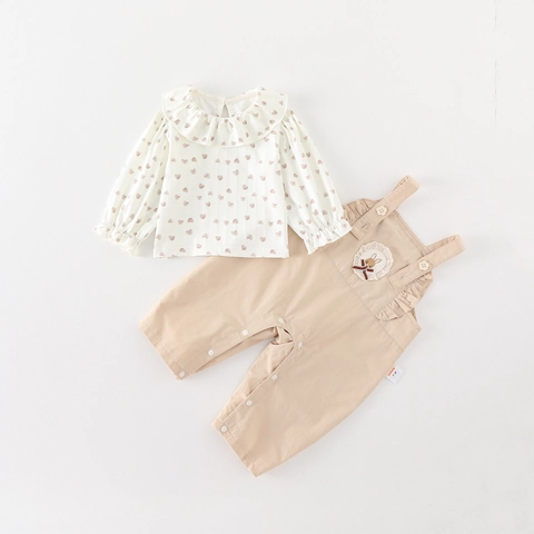 Set Salopette Dolce per Neonata Camicia a Maniche Lunghe con Stampa a Cuore e Pantaloni con Ricamo a Coniglio Primavera