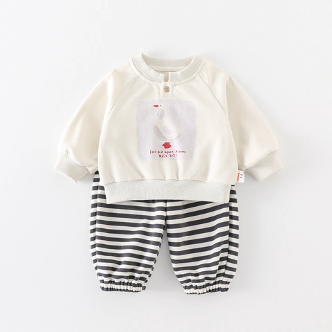 Ensemble de Vêtements Décontractés en Mélange de Coton pour Bébé Garçon Sweat-shirt à Manches Longues et Pantalon Rayé 2 Pièces