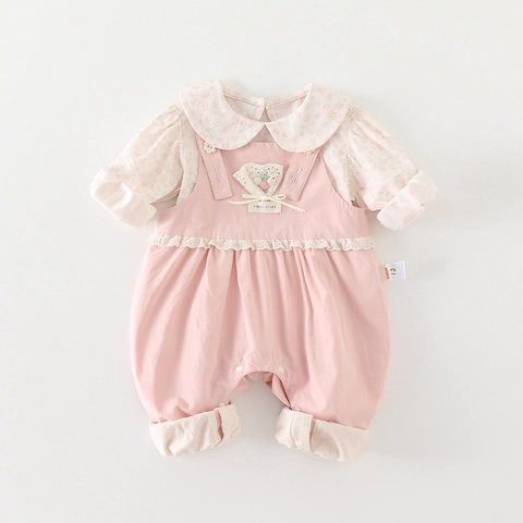 Set di Abbigliamento in Cotone Primaverile per Neonata Camicia a Fiori a Maniche Lunghe Salopette Rosa con Pizzo Outfits a Due Pezzi Tuta Neonato