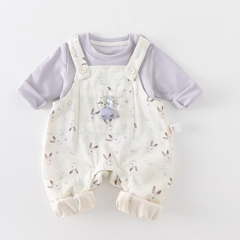 Baby Girl Cute 2 Piece Clothes Set Cotton Long Sleeve Ruffle Top Rabbit Pattern Suspender Pants Toddler Spring Outing Outfit