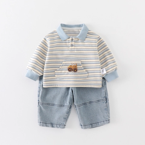Ensemble Deux Pièces Décontracté pour Garçon Polo Rayé et Pantalon en Denim Manches Longues Voiture Brodée Tenue Enfants
