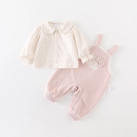 Completo Neonata Con Camicia Floreale E Salopette Rosa Ricamo Gattino Cotone Morbido Primavera Abbigliamento