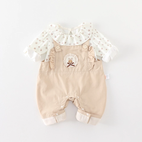 Set Salopette Dolce per Neonata Camicia a Maniche Lunghe con Stampa a Cuore e Pantaloni con Ricamo a Coniglio Primavera
