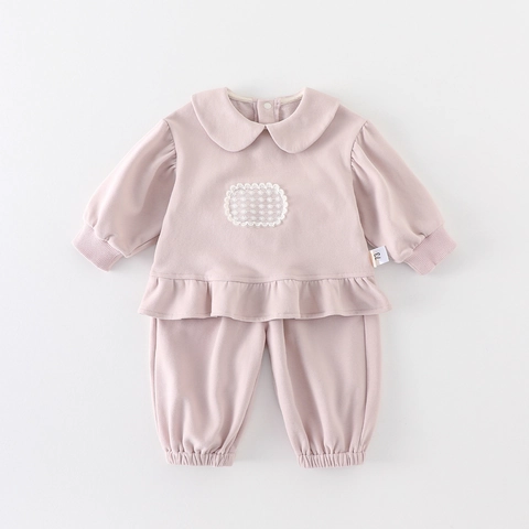 Ensemble Deux Pièces Bébé Fille Mélange de Coton Col Claudine Volants Applique Dentelle Sweat et Pantalon Printemps