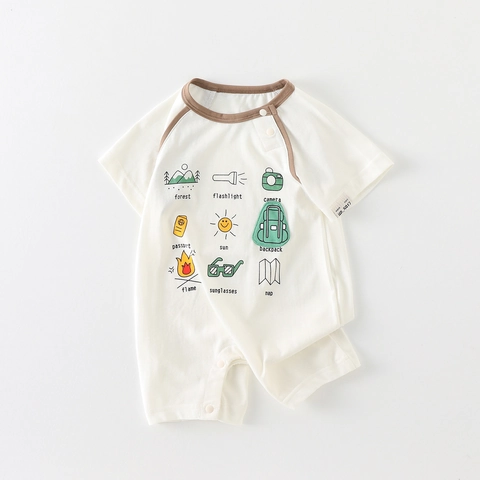 Pelele de Algodón de Manga Corta para Bebé Mono con Estampado de Camping Recién Nacido Niños Niñas Verano Transpirable