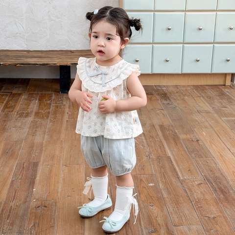 Ensemble de Vêtements d'été en Coton Floral sans Manches pour Filles avec Volants Nœud et Short Lanterne Décontracté Princesse Deux Pièces