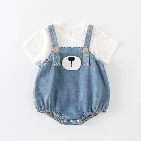 Baby Strampler Set Koreanischer Stil Weißes Baumwoll Kurzarm T-Shirt Und Blaue Denim Bären Latzhose Casual Outfit