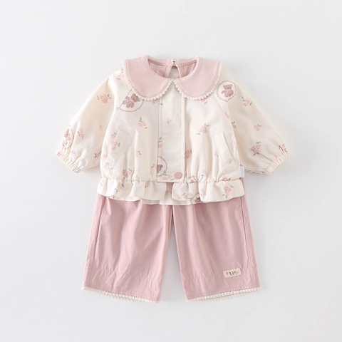 Set di Abbigliamento 3 Pezzi per Bambina Giacca con Colletto Peter Pan Camicia a Maniche Lunghe Pantaloni con Pizzo Stampa Orso