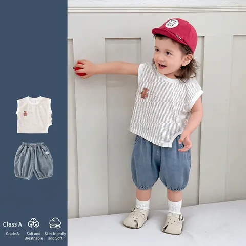 Kleinkind Baby Jungen Sommer Baumwolle Gestreiftes Tank Top Und Denim Shorts Set Koreanischer Stil Bär Druck Ärmellos Outfit