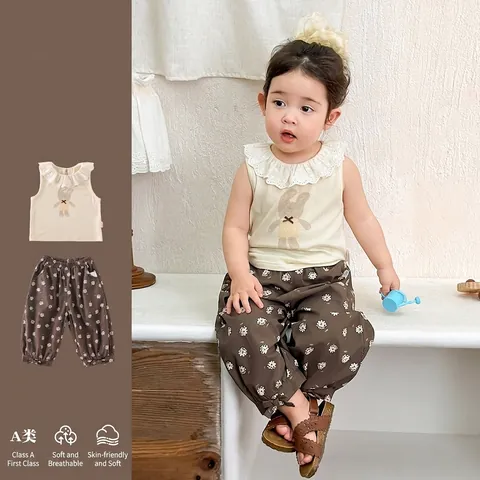 Peuter Meisje Zomer Mouwloos Kant Kraag Konijn Top En Bloemen Lantaarn Broek Outfit Katoen Ademend Casual Kleding