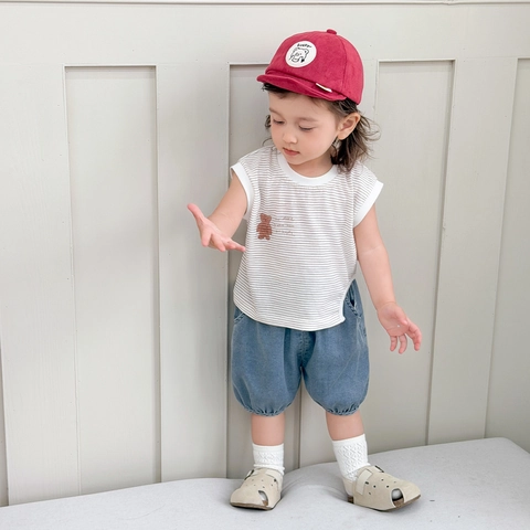 Kleinkind Baby Jungen Sommer Baumwolle Gestreiftes Tank Top Und Denim Shorts Set Koreanischer Stil Bär Druck Ärmellos Outfit