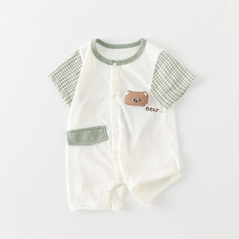 Newborn Baby Cotton Summer Romper Short Sleeve Cartoon Bear Gingham Patchwork Infant Jumpsuit One Piece Casual Korean Outfits