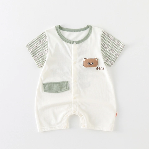 Newborn Baby Cotton Summer Romper Short Sleeve Cartoon Bear Gingham Patchwork Infant Jumpsuit One Piece Casual Korean Outfits