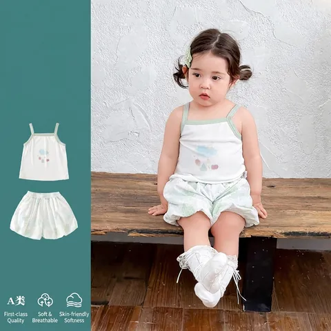 Koreaanse Stijl Peuter Meisjes Zomer Katoen Set Mouwloze Vest En Bedrukte Shorts Tweeledige Casual Dagelijkse Outfit