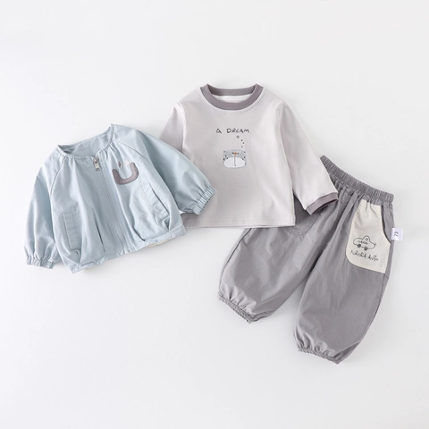 Baby Jungen Baumwolle Jacke T-Shirt Und Hose Kleidung Outfit Frühling Lässig Blau Grau Lächeln Bär Grafik