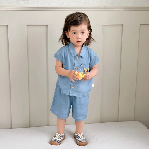 Toddler Boys Summer Denim Look Cotton Outfit Sleeveless Lapel Top And Shorts Outfit With Cartoon Dog Embroidery Blue