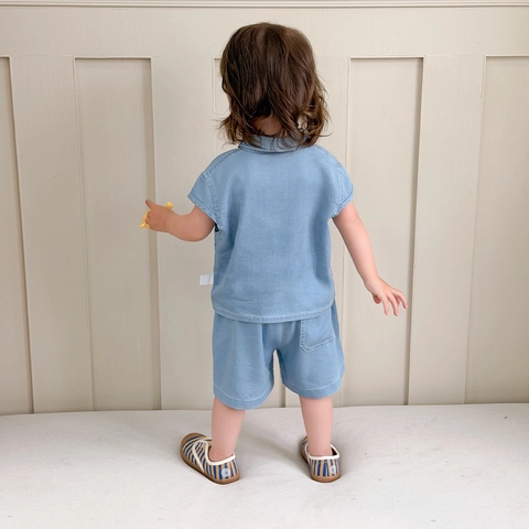 Toddler Boys Summer Denim Look Cotton Outfit Sleeveless Lapel Top And Shorts Outfit With Cartoon Dog Embroidery Blue