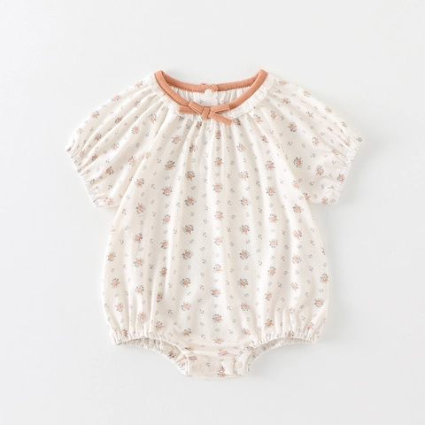 Säugling Baby Mädchen Blumen Strampler Kurzarm Baumwolle Jumpsuit Schleife Spitze Pastoralstil Sommer Einteiler Outfit