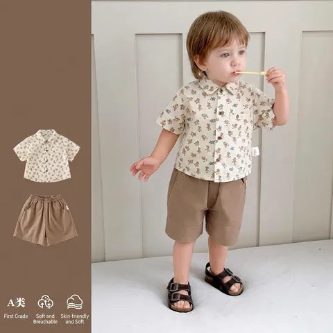 Peuter Jongens Zomer Katoen Eendendruk Outfit Set Korte Mouw Shirt En Shorts Casual Zacht Ademend Kleding Collectie