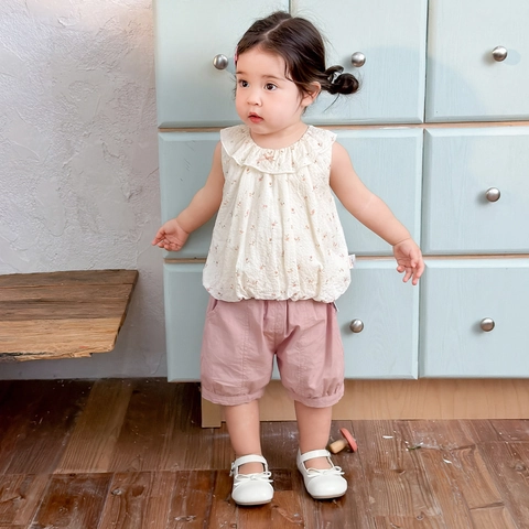 Toddler Girls Summer Clothing 100 Percent Cotton Floral Print Sleeveless Doll Shirt And Pink Lantern Shorts Outfit