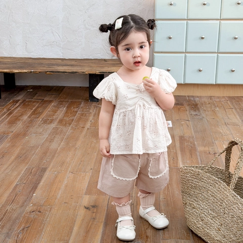 Toddler Baby Girls Summer Floral Top Shorts Two Piece Outfit Cotton Puff Sleeve Blouse Lace Trim Shorts Korean Style Clothing