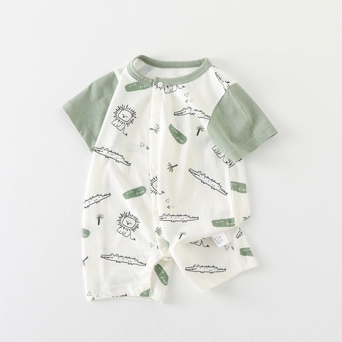 Barboteuse d'Été à Manches Courtes en Coton pour Nourrisson Jumpsuit avec Imprimé Lion et Crocodile Tenue Une Pièce Souple Respirante