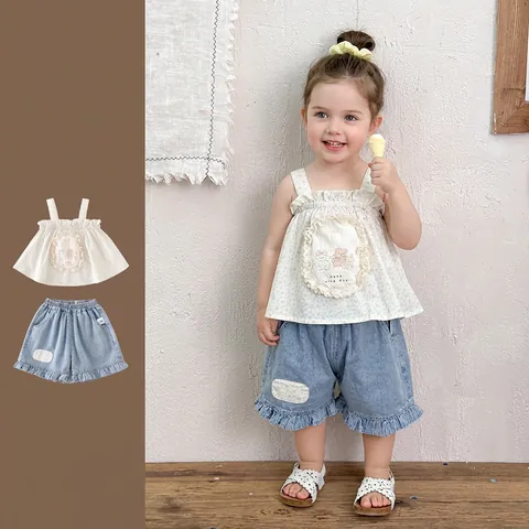 Ensemble de Vêtements d'Été pour Bébé Fille en Coton Style Coréen Top à Fleurs et Short en Jean à Volants Deux Pièces