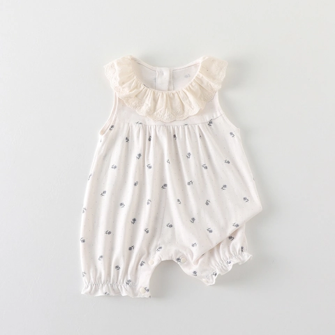 Pagliaccetto Estivo a Fiori per Neonata Senza Maniche in Cotone Con Collo a Volant in Pizzo Stile Pastorale Dolce Body