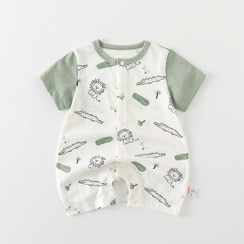 Barboteuse d'Été à Manches Courtes en Coton pour Nourrisson Jumpsuit avec Imprimé Lion et Crocodile Tenue Une Pièce Souple Respirante