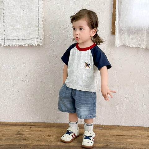 Boys Korean Style Short Sleeve Raglan T-Shirt And Washed Denim Shorts Two-Piece Set Summer Casual Clothes For Infants Toddlers