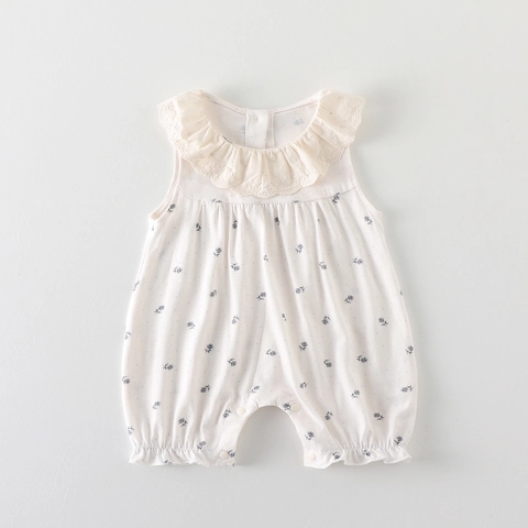 Pagliaccetto Estivo a Fiori per Neonata Senza Maniche in Cotone Con Collo a Volant in Pizzo Stile Pastorale Dolce Body