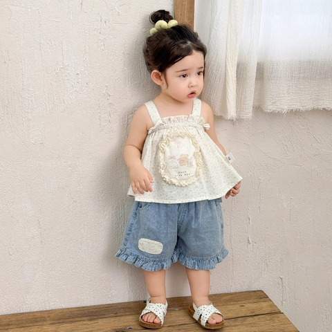 Ensemble de Vêtements d'Été pour Bébé Fille en Coton Style Coréen Top à Fleurs et Short en Jean à Volants Deux Pièces